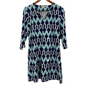 Aryeh Womens Shift Dress XL Blue Geometric Print Stretch Preppy Resort Beach